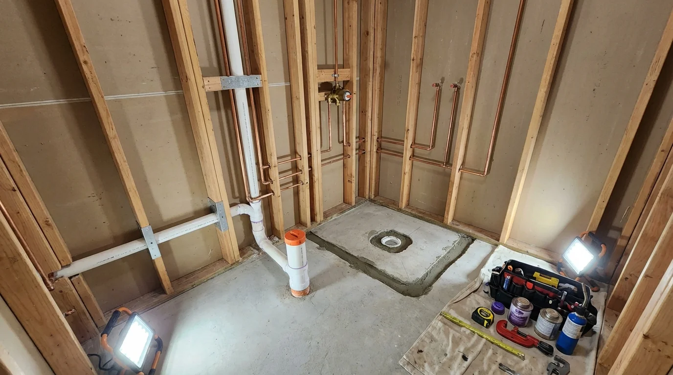 Bathroom rough-in plumbing during remodel by Johns Plumbing LLC in Marysville