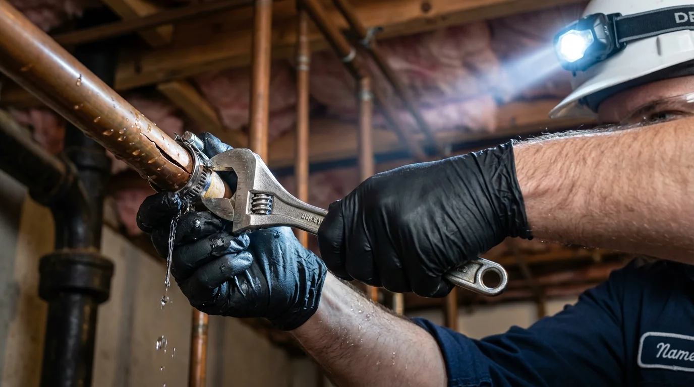 Emergency pipe clamp repair being performed by a Johns Plumbing LLC plumber in Marysville
