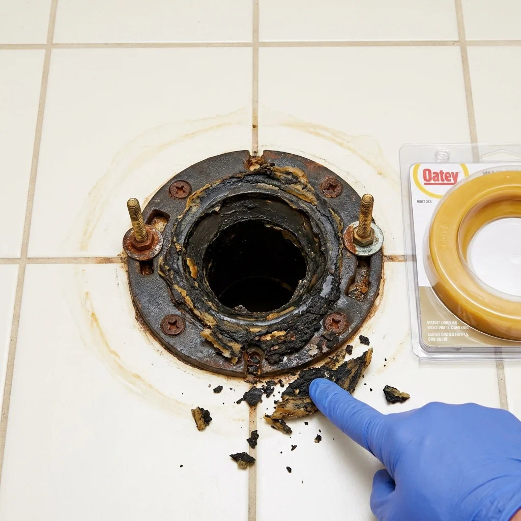 Failed wax ring showing water seepage at the base of a toilet in a Marysville, OH home