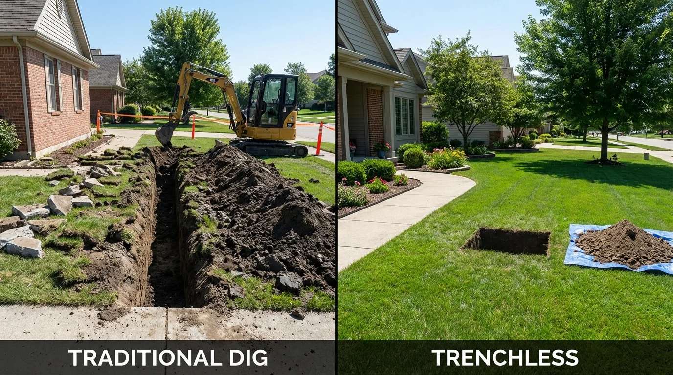 Trenchless sewer repair with minimal yard damage versus traditional excavation in Marysville, OH
