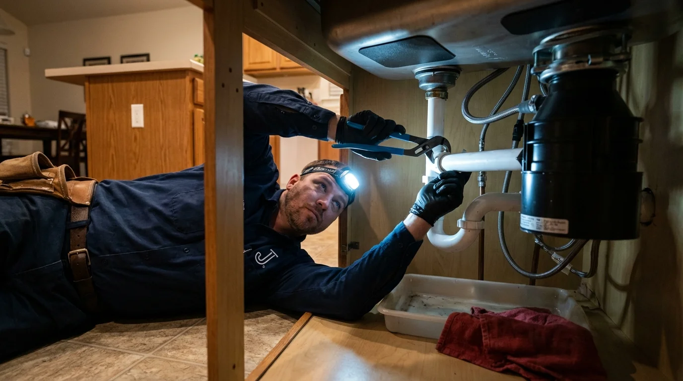 P-trap and supply line connections under a kitchen sink showing a common leak point in Marysville, OH